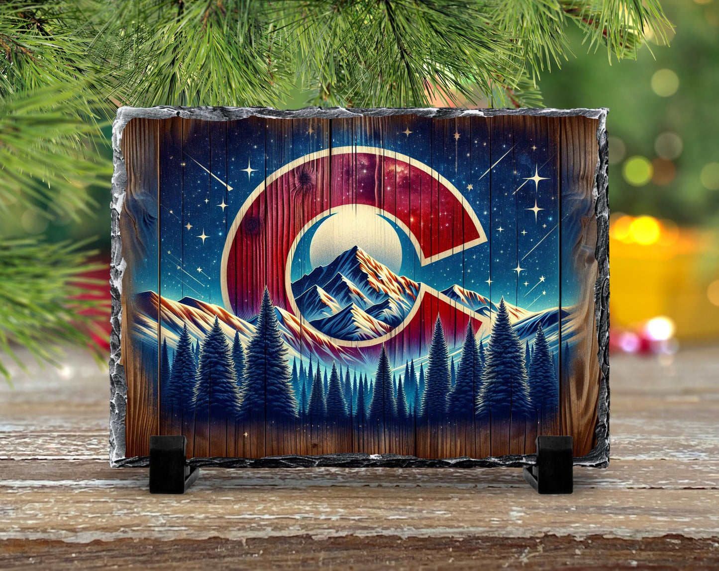 Handcrafted Slate Art - Colorado Mountain Scene with Night Sky  Shooting Stars Rustic Home Decor Gift