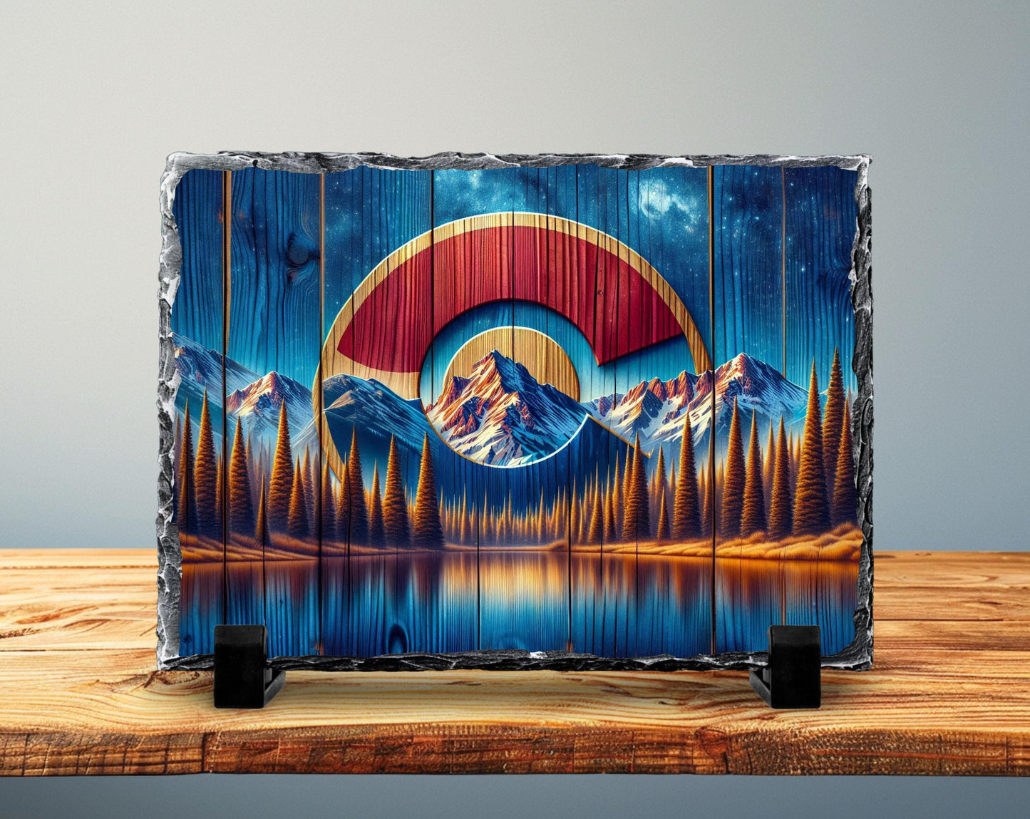 Colorado C Slate Plaque - Rustic Faux Wood Design with Mountains Lake  Milky Way Sky - Perfect Gift for Colorado Lovers