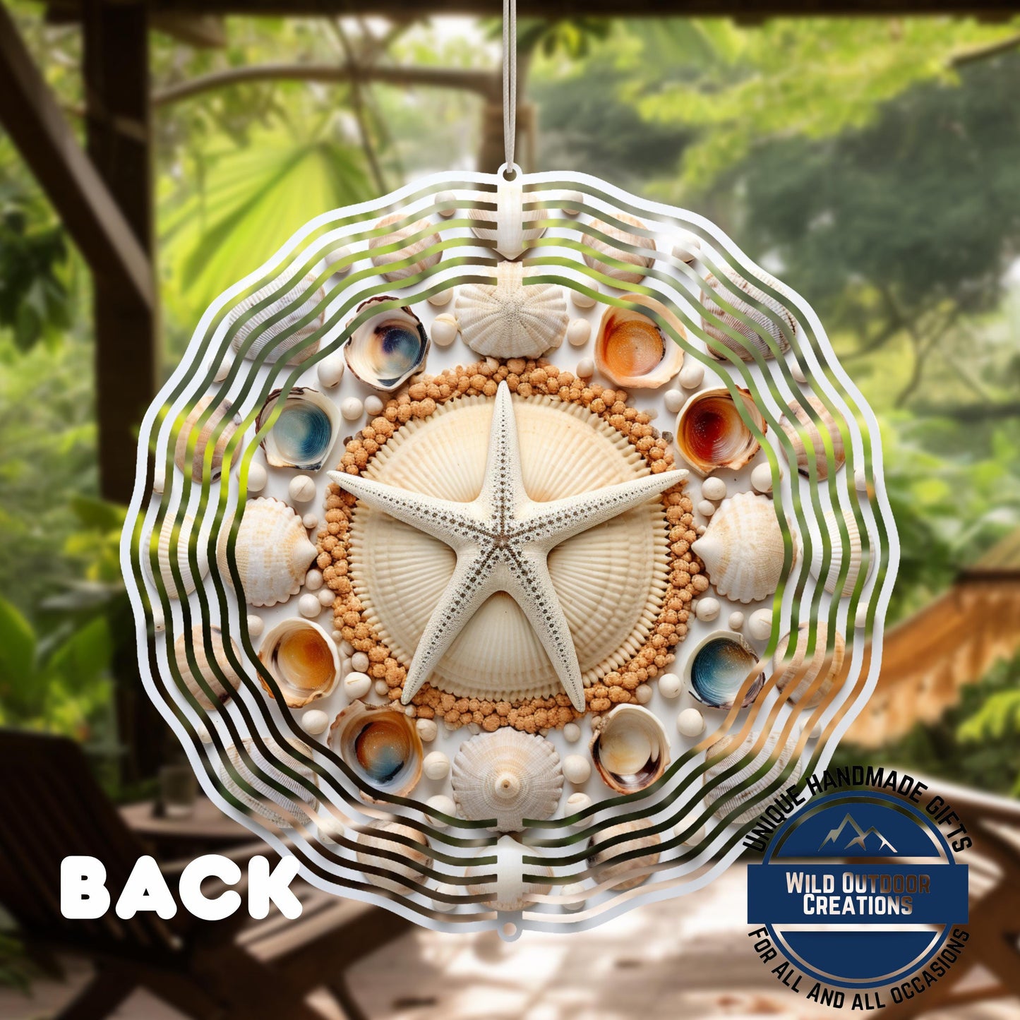 Coastal Seashell Wind Spinner - Aluminum Beach Nautical Yard Art, 10 Inch