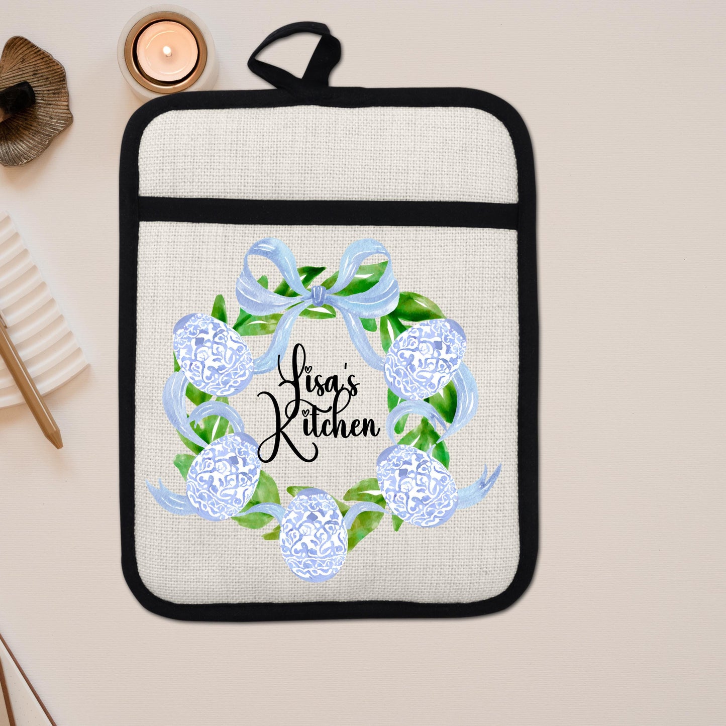 Personalized Easter Wreath | Non-Slip Pot Holder, Blue & White Chinoiserie Style Decor Gift - additional product photo 14