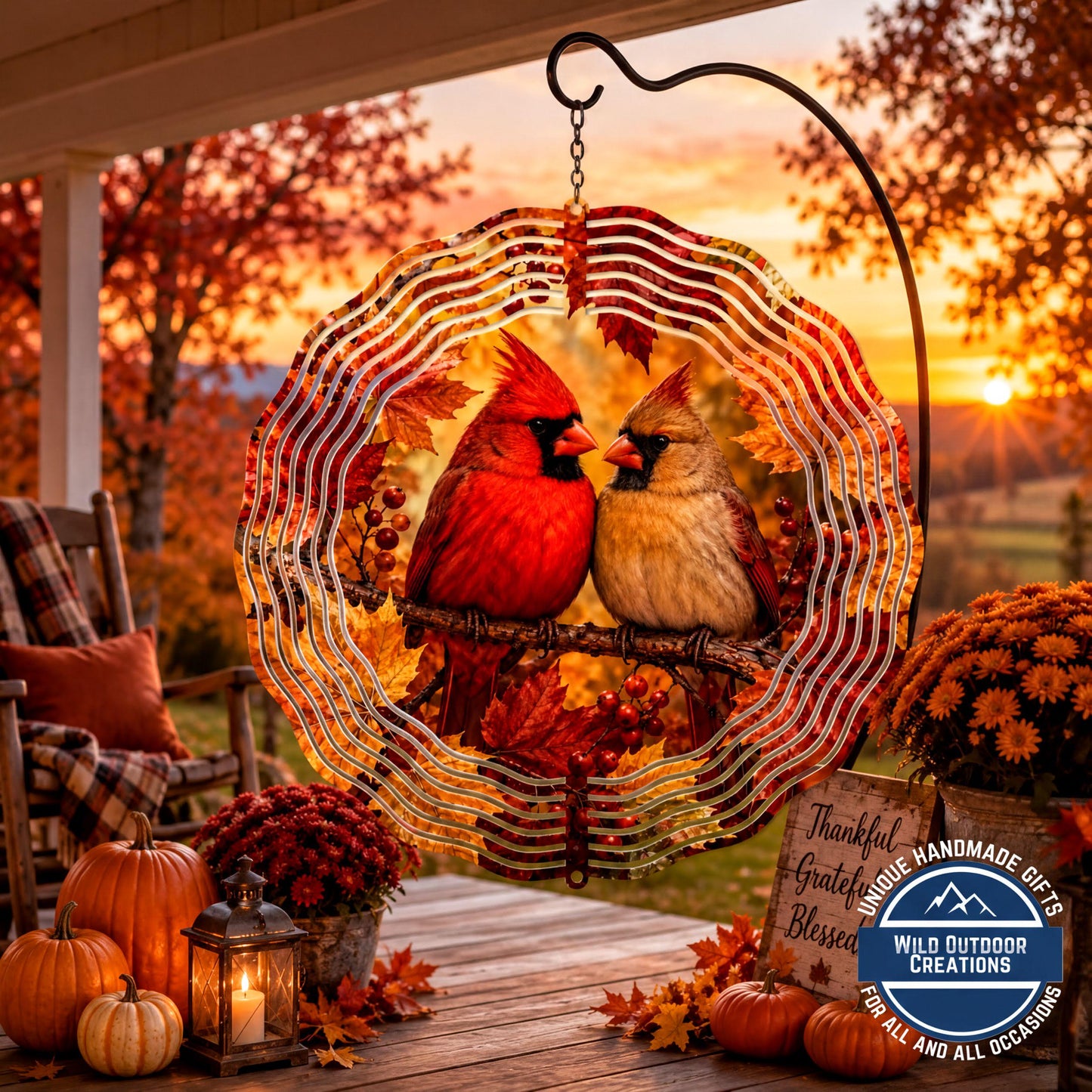 Cardinal Pair Wind Spinner Fall Leaves Red Bird Garden Memorial Decor