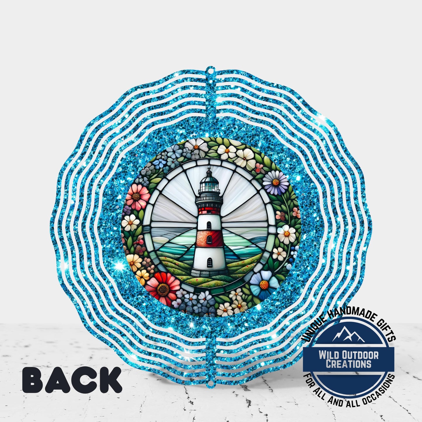 Coastal Lighthouse Wind Spinner – Aluminum Outdoor Garden Decor with Blue Glitter