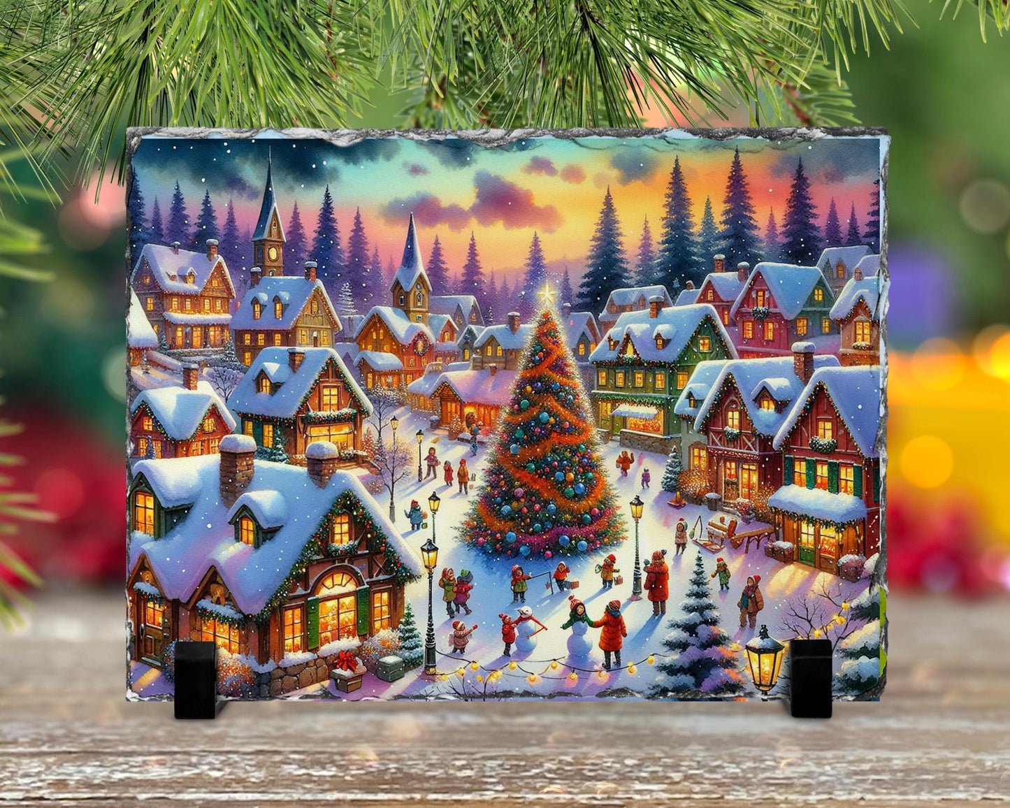 Vintage Christmas Village Slate with Winter Scene and Tree Children  Rustic Holiday Gift