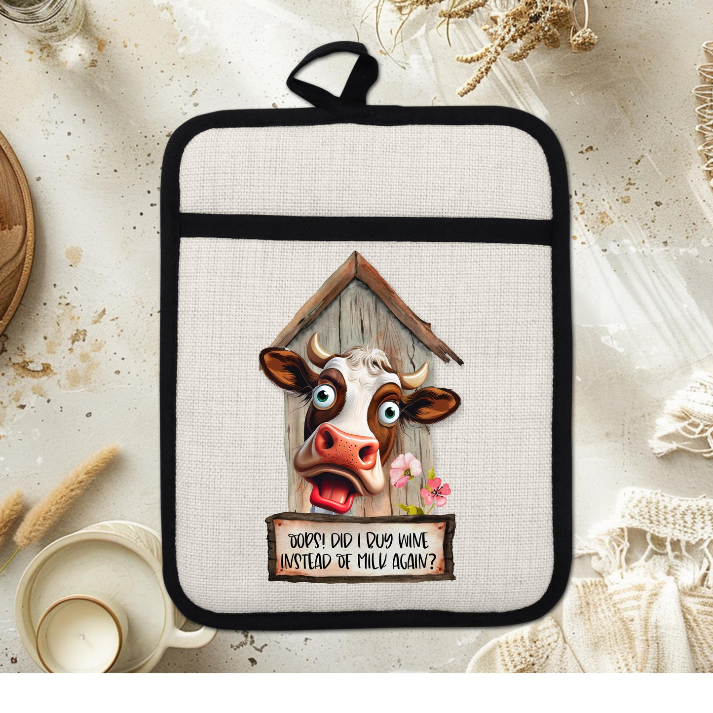 Funny Cow Pot Holder with Quirky Barn  Flower Design - Oops Did I Buy Wine Instead of Milk Linen Hot Pad
