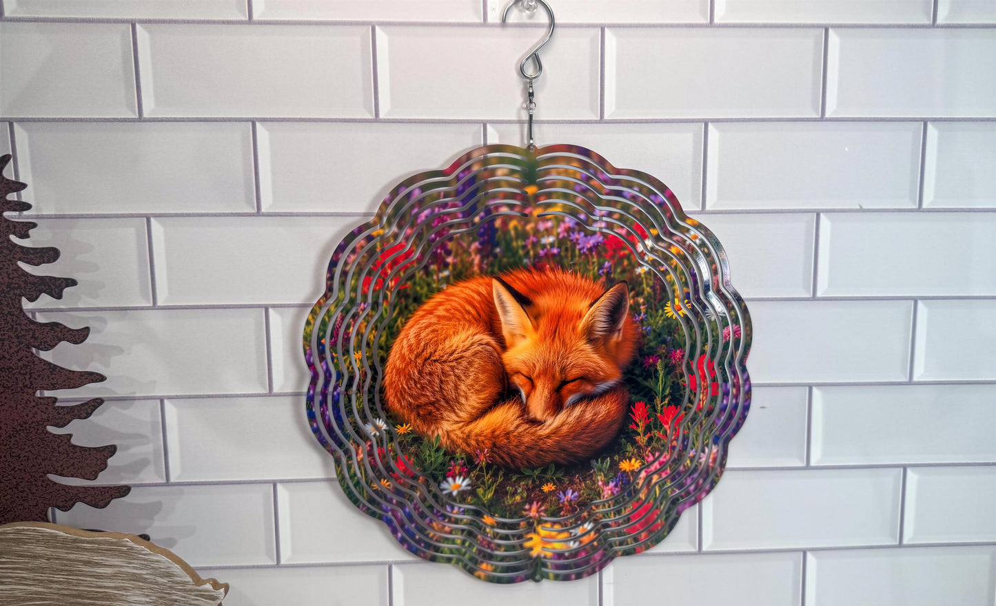 Sleeping Fox, Meadow Floral Wind Spinner | 10 Inch Décor | 360 Swivel | Indoor Outdoor Art