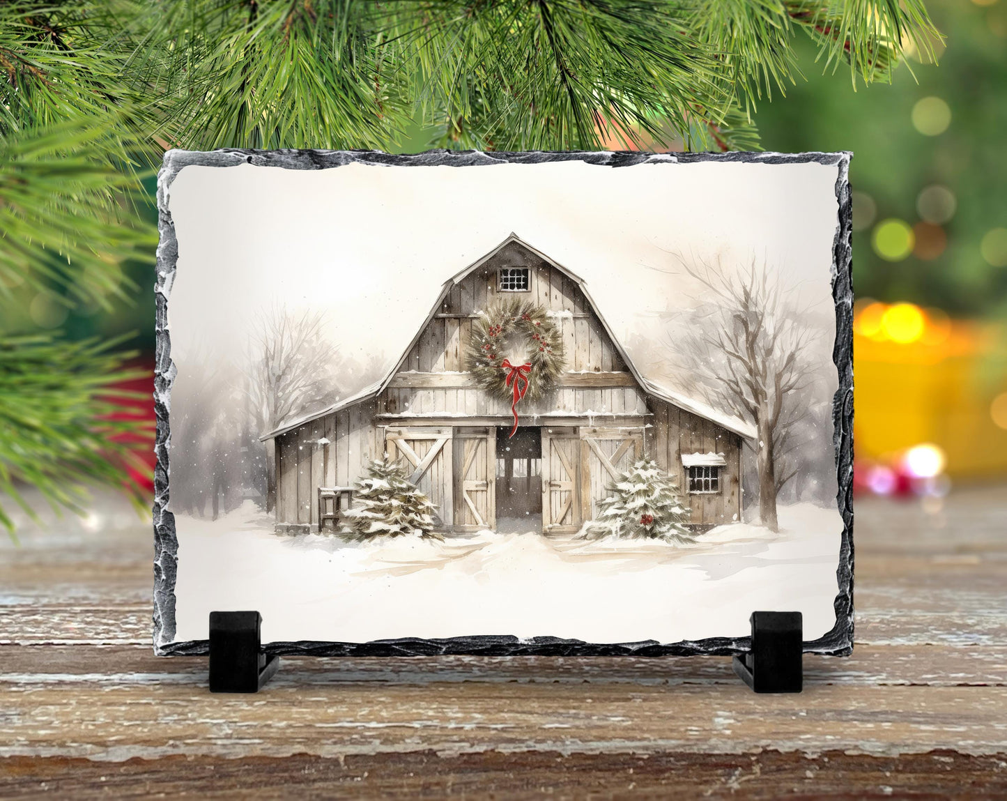 Rustic Christmas Slate Plaque with Barn Scene Wreath  Snow  Perfect Holiday Decor Gift