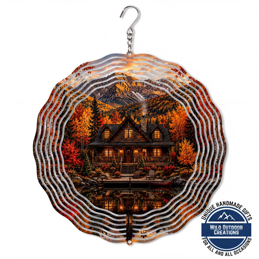 Log Cabin Wind Spinner Fall Mountain Lake Rustic Garden Decor Gift