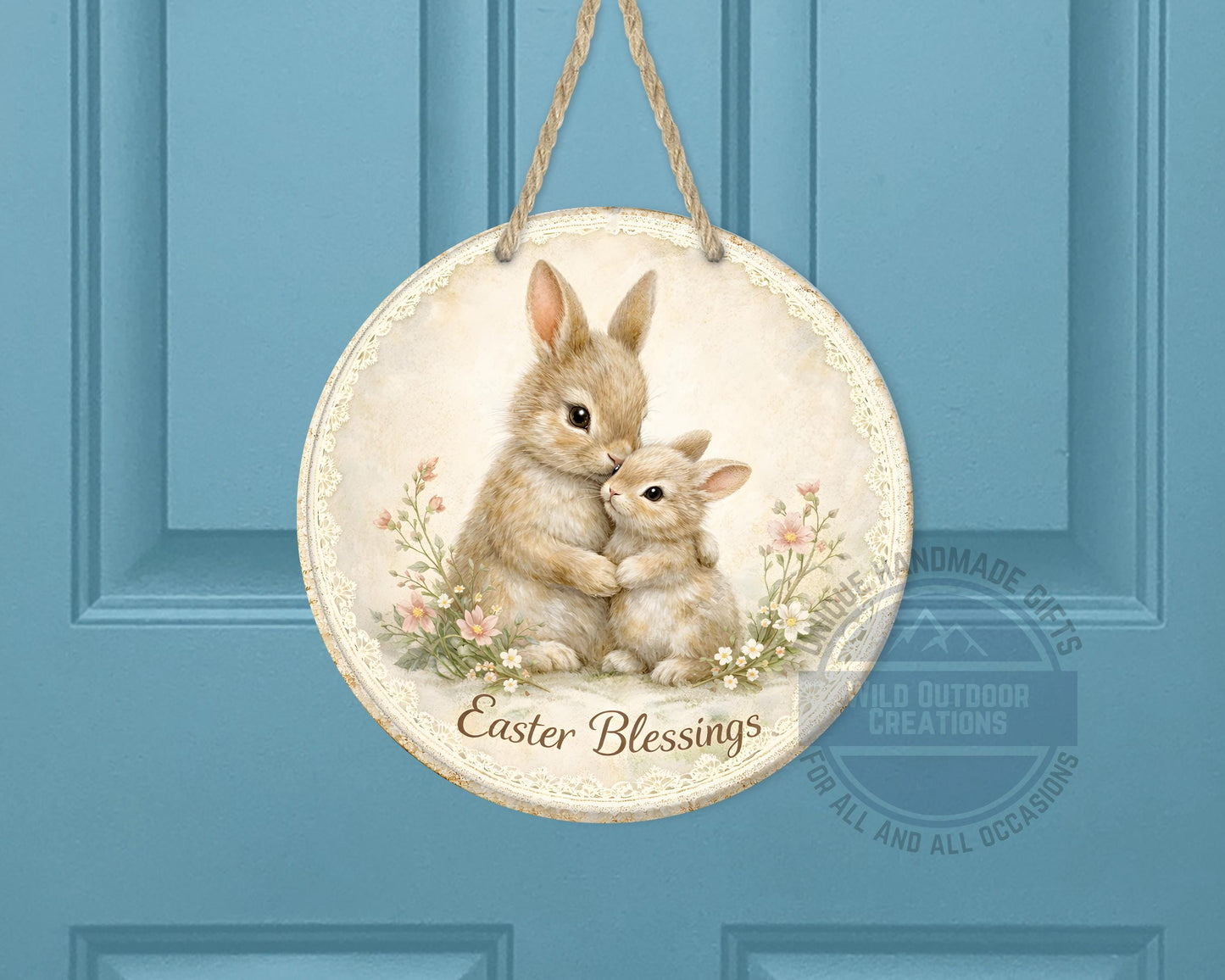 Spring Bunny Door Hanger – Floral Easter Sign | 10" Round Aluminum Decor