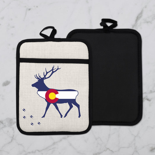 Elk Pot Holder - Colorado Linen With Silicone Back, Heat Resistant Trivet 9x7 Inches