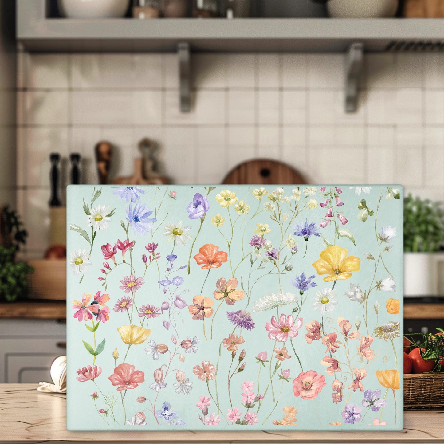 Boho Wildflowers Glass Cutting Board, Unique Kitchen Decor, Hostess Housewarming Gift, Unique Gift for Bride, Charcuterie Board, Textured
