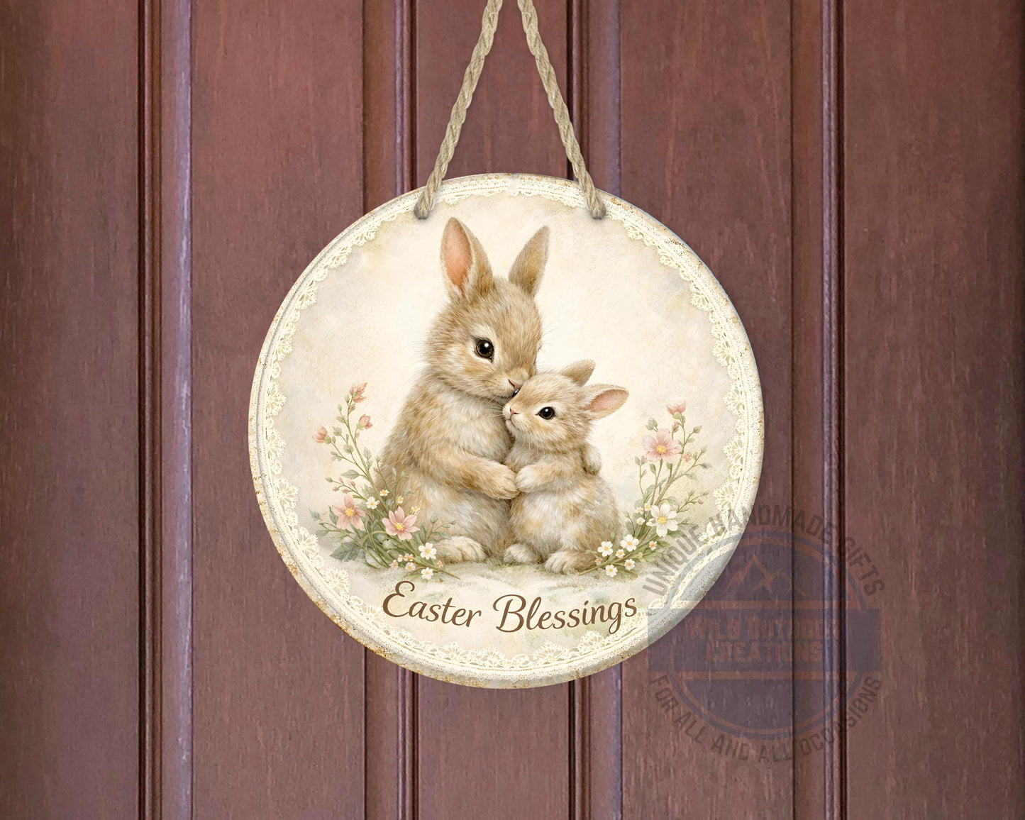 Spring Bunny Door Hanger – Floral Easter Sign | 10" Round Aluminum Decor