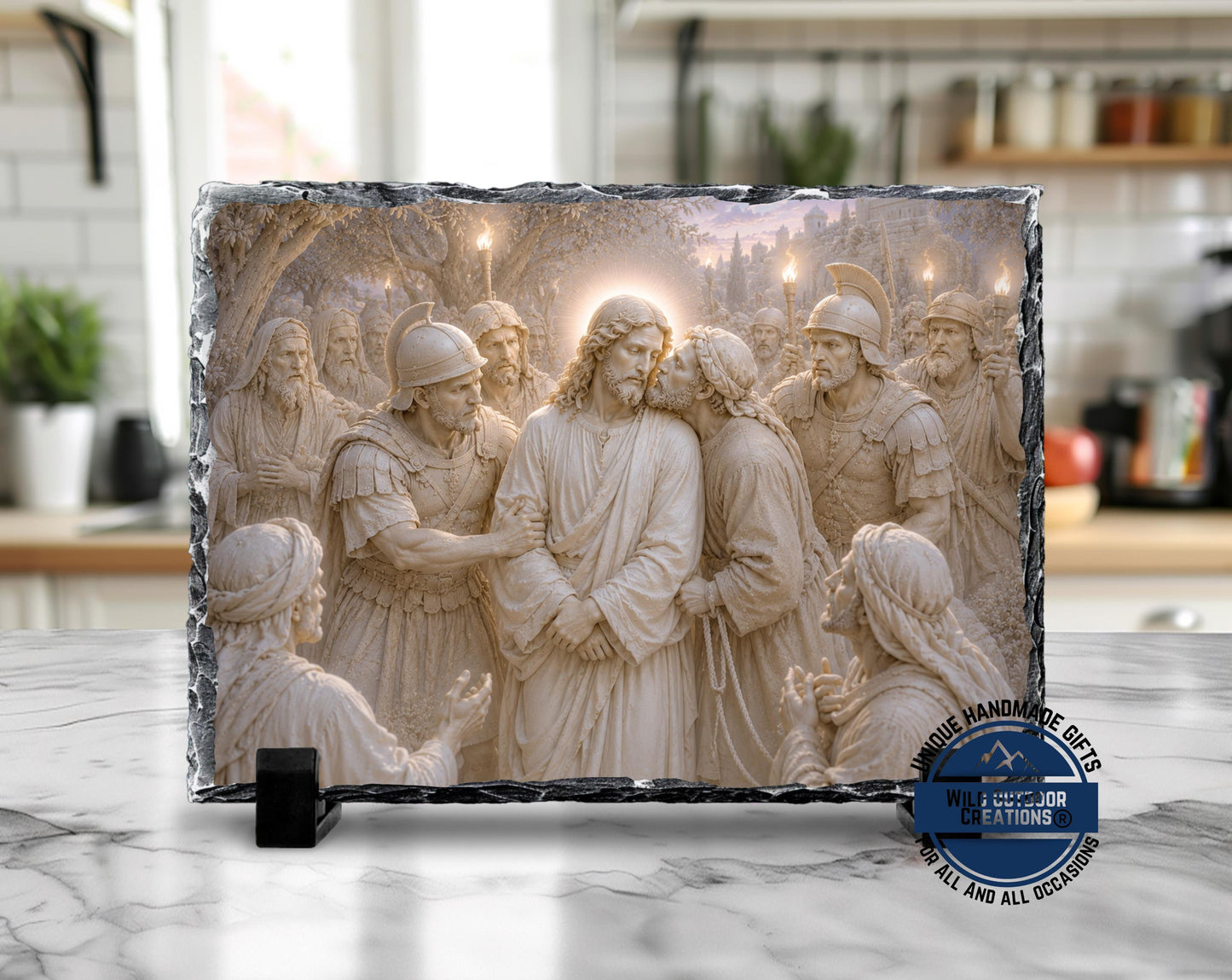 Betrayal of Jesus Slate Plaque, Judas Kiss Religious Wall Decor, Christian Easter Gift