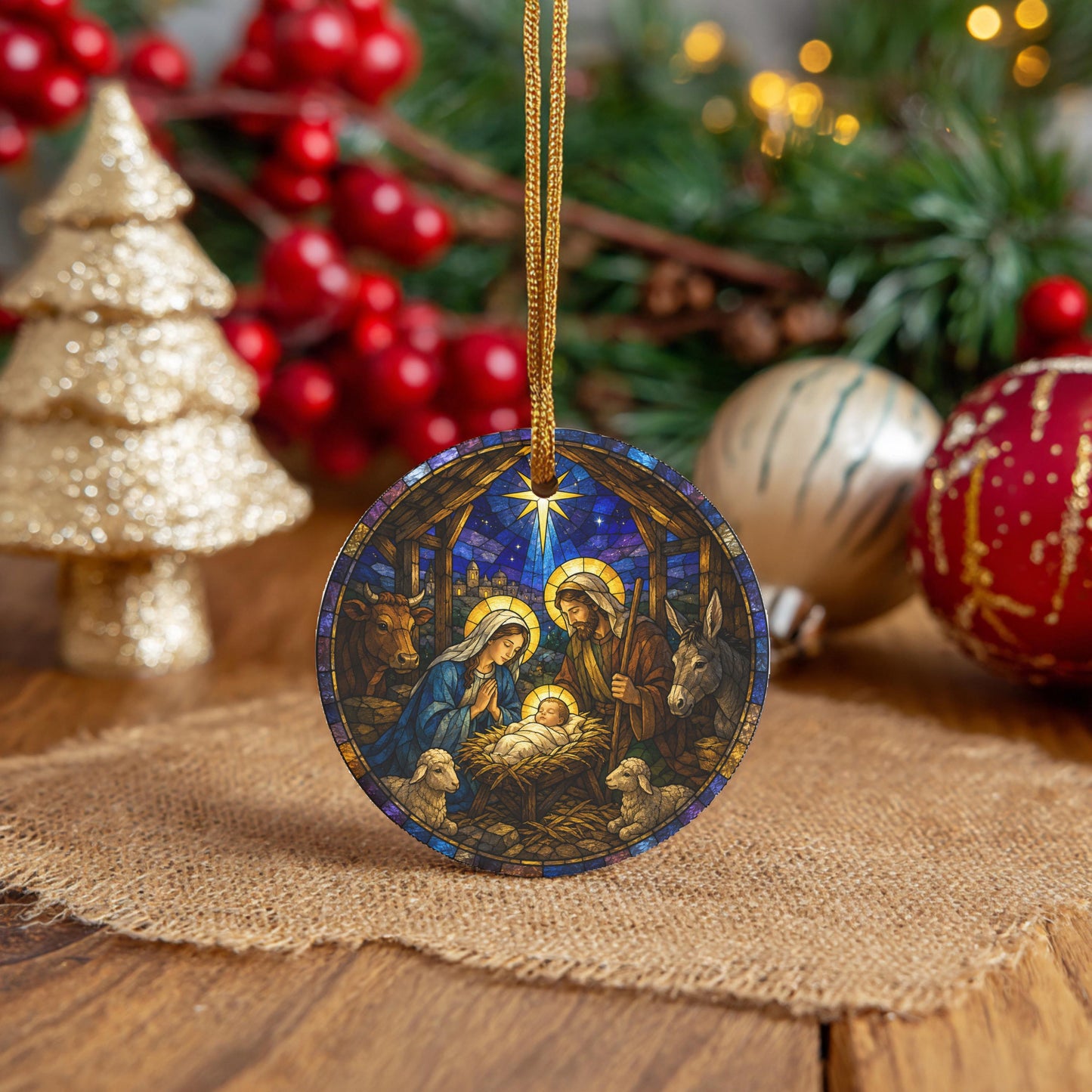 A stained glass ornament depicting the Nativity scene is displayed on a burlap cloth, surrounded by Christmas decorations such as a gold glitter tree, red berries, and ornaments.