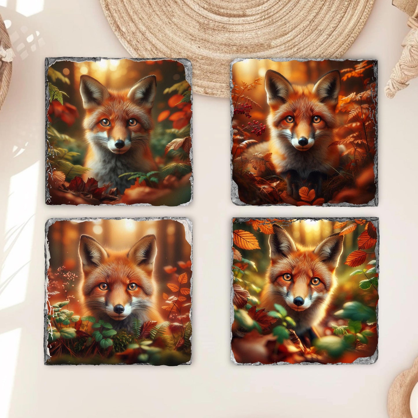 Fox Slate Coaster Set with Black Rack - 4 Rustic Fall Forest Design Coasters