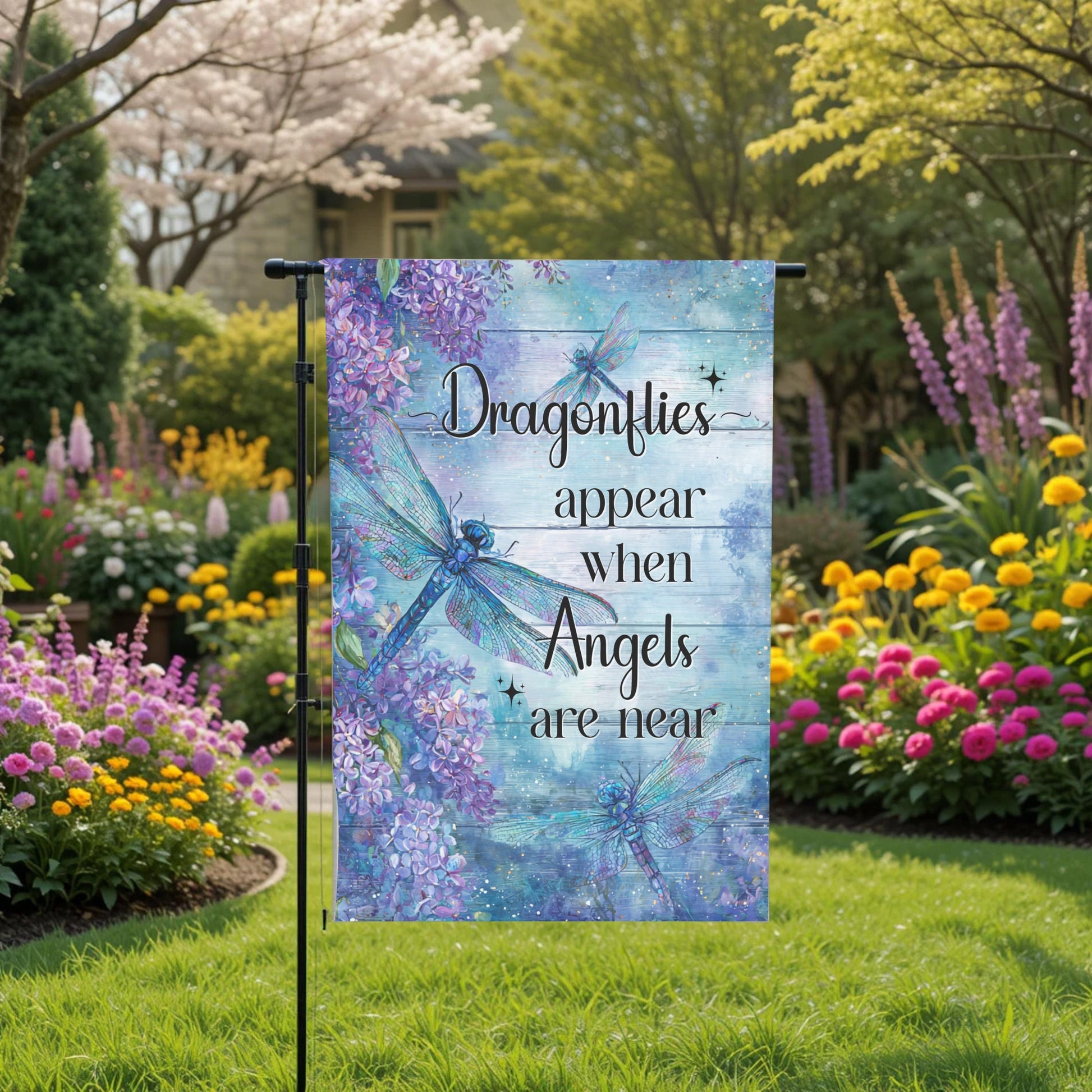 Memorial Garden Flag – Dragonfly Garden Flag with Lilac Flowers | UV Protected Polyester - design detail