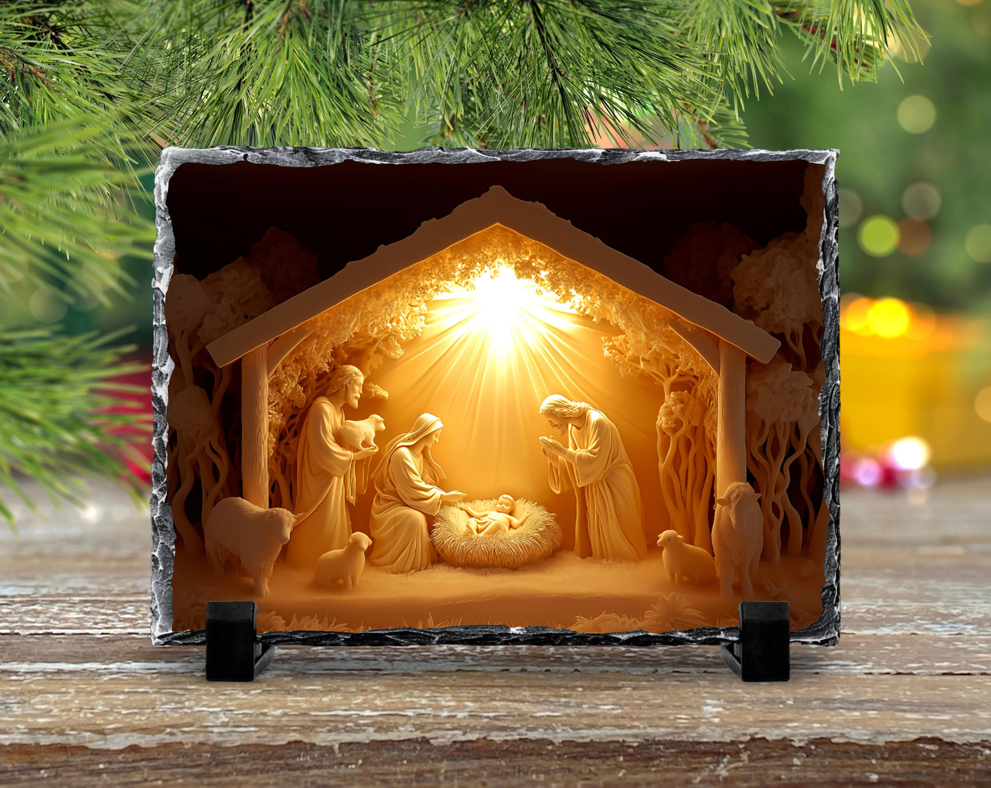3D Glow Nativity Scene Slatestone Decor with Fractured Edges  Unique Religious Home Accent for Christmas Gifts