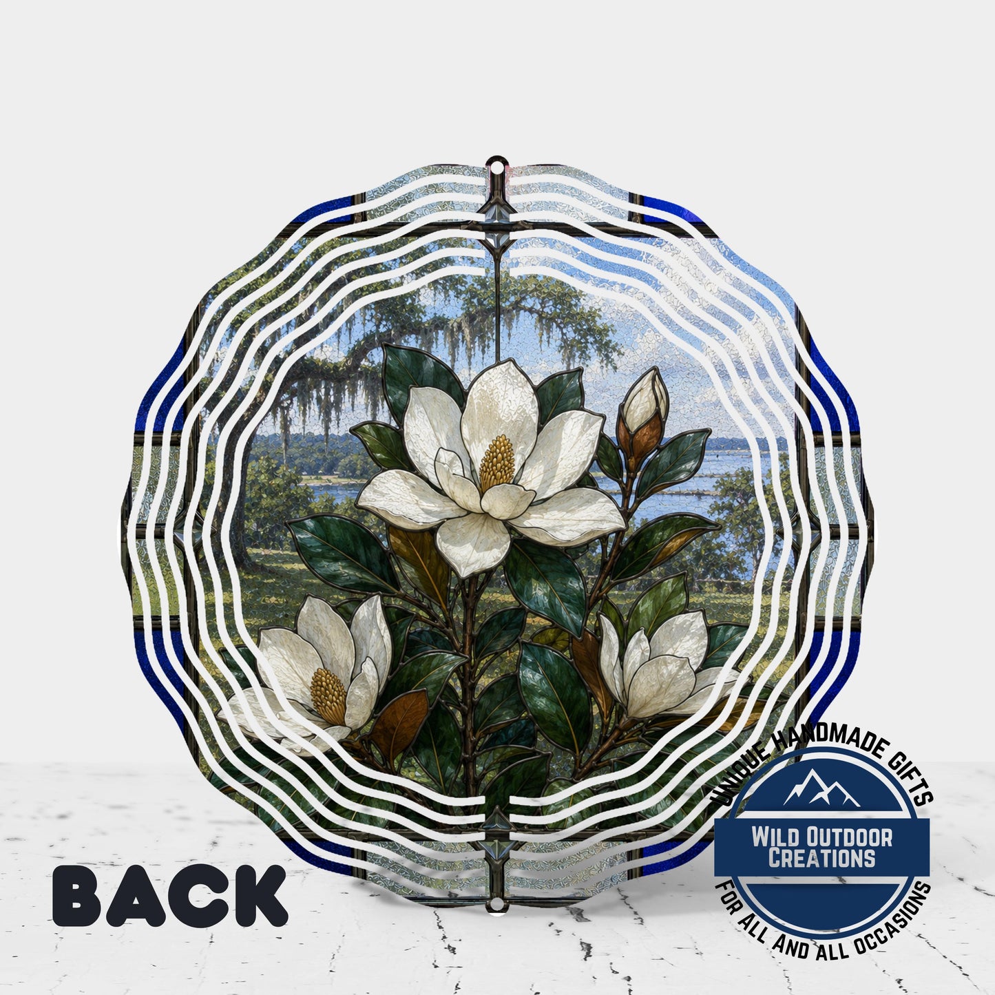 Magnolia Wind Spinner Louisiana State Flower Stained Glass Style Garden Aluminum Outdoor Decor