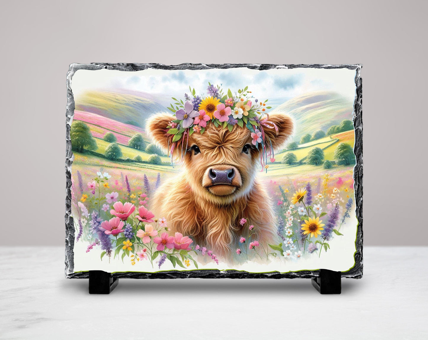Highland Cow Slate Sign – Rustic Slate Plaque with Baby Calf Floral Headband