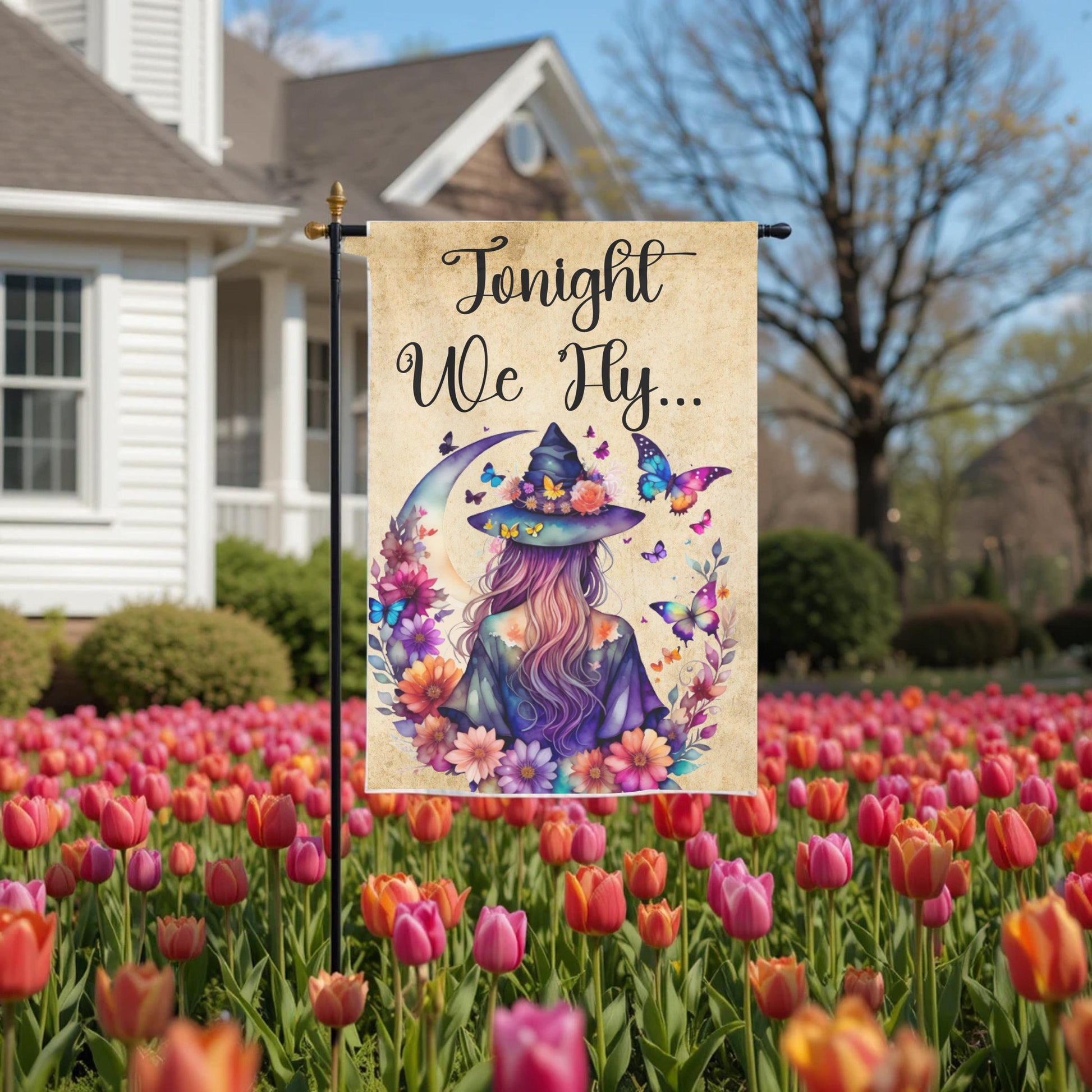 Witch Garden Flag – Floral Butterfly Moon | Boho Halloween Yard Decor 12x18