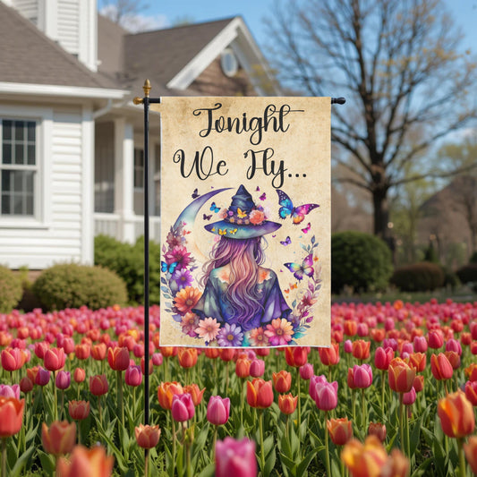 Witch Garden Flag – Floral Butterfly Moon | Boho Halloween Yard Decor 12x18