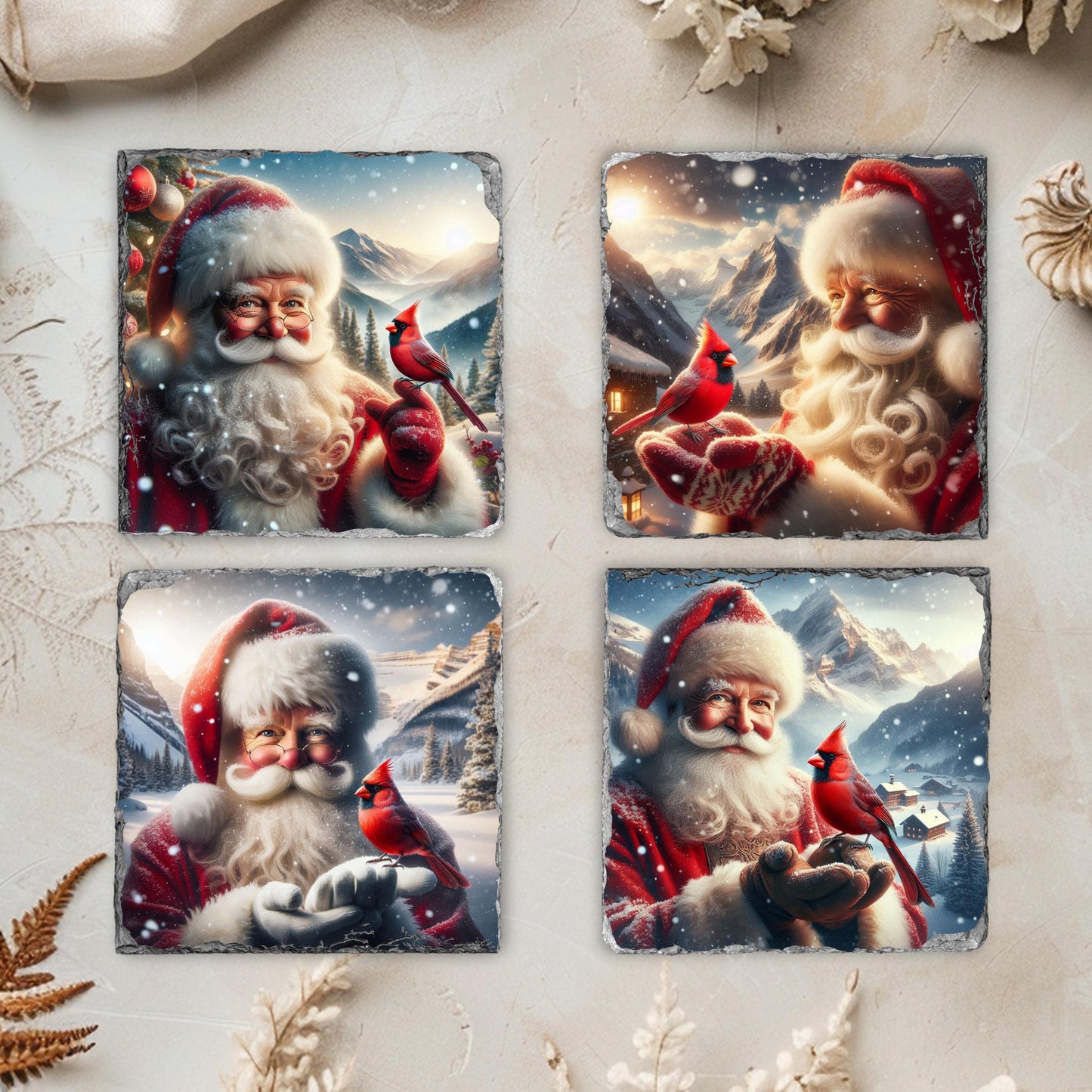 Slate Coaster Set with Santa's Winter Scene and Cardinal - 3.5x3.5 Inches Fractured Edges Includes Black Rack Ideal Holiday Gift