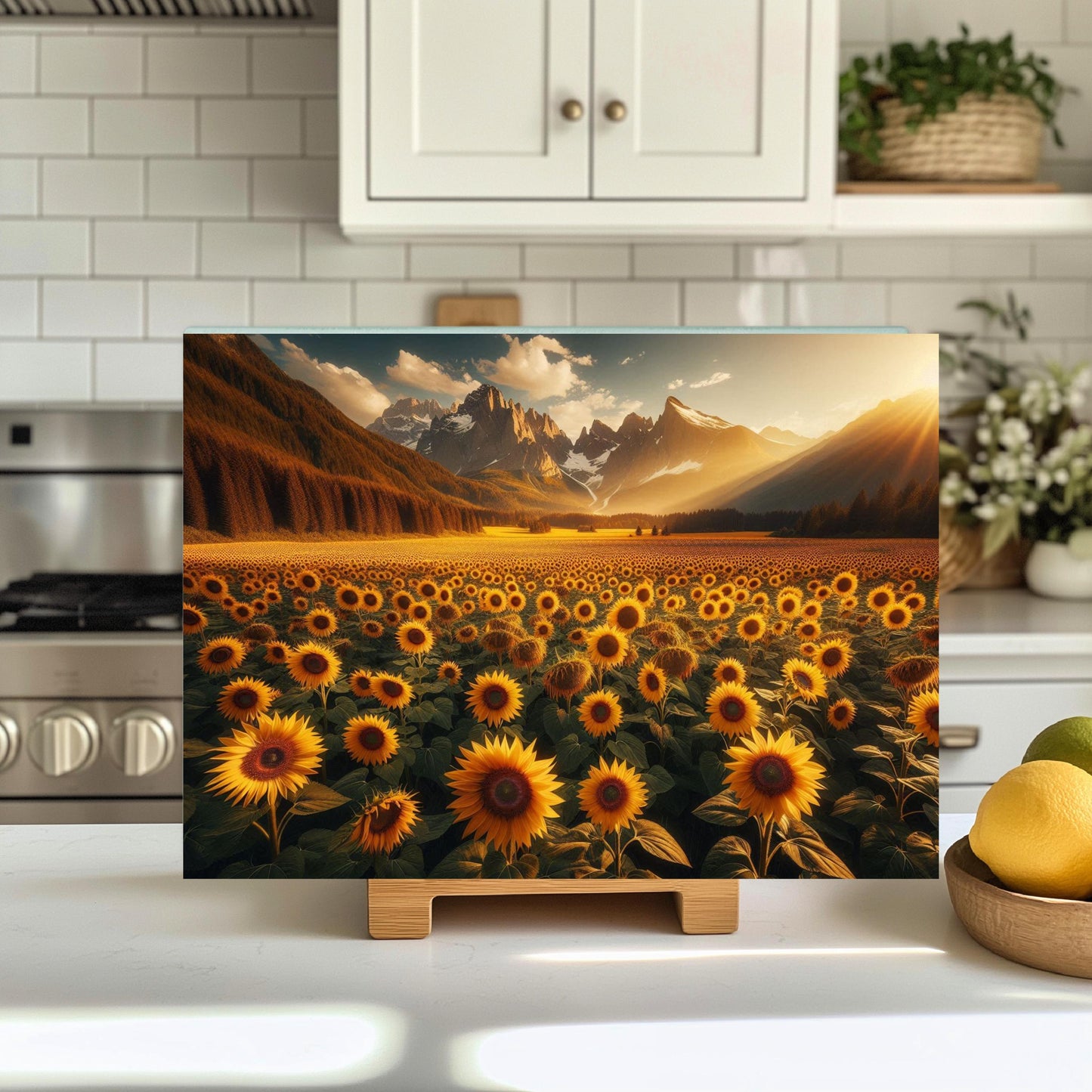 Mountain Sunset Sunflower Cutting Board, Large Glass Kitchen Board, Hostess Housewarming Gift, Charcuterie Board, Challah Board, Unique Gift