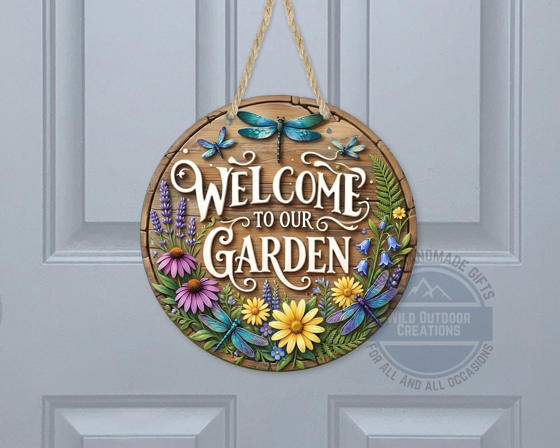 Welcome Garden Sign – Round Garden Door Hanger with Dragonfly & Rustic Decor - gift presentation view