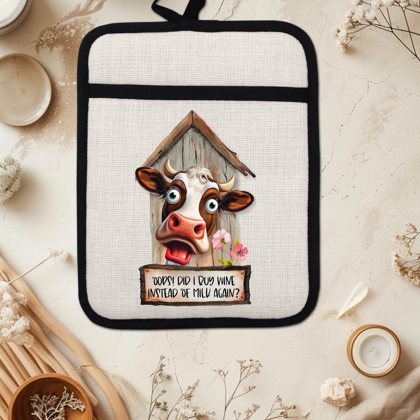 Funny Cow Pot Holder with Quirky Barn  Flower Design - Oops Did I Buy Wine Instead of Milk Linen Hot Pad