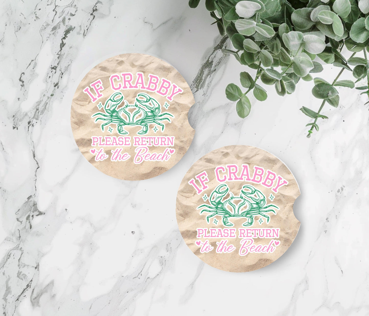 Sandstone Car Coasters with Crab Quote - Beach-Themed Cup Holder Accessories