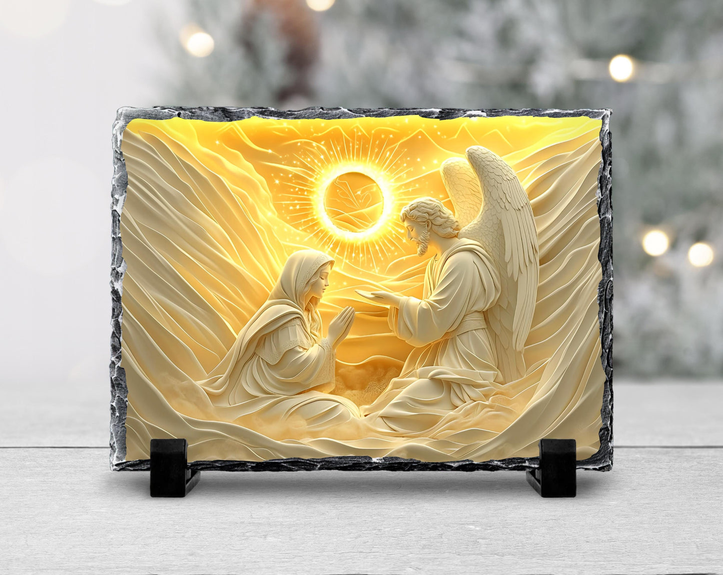 3D Mary with Angel Slate Plaque - Gold Sun Design Fractured Edges