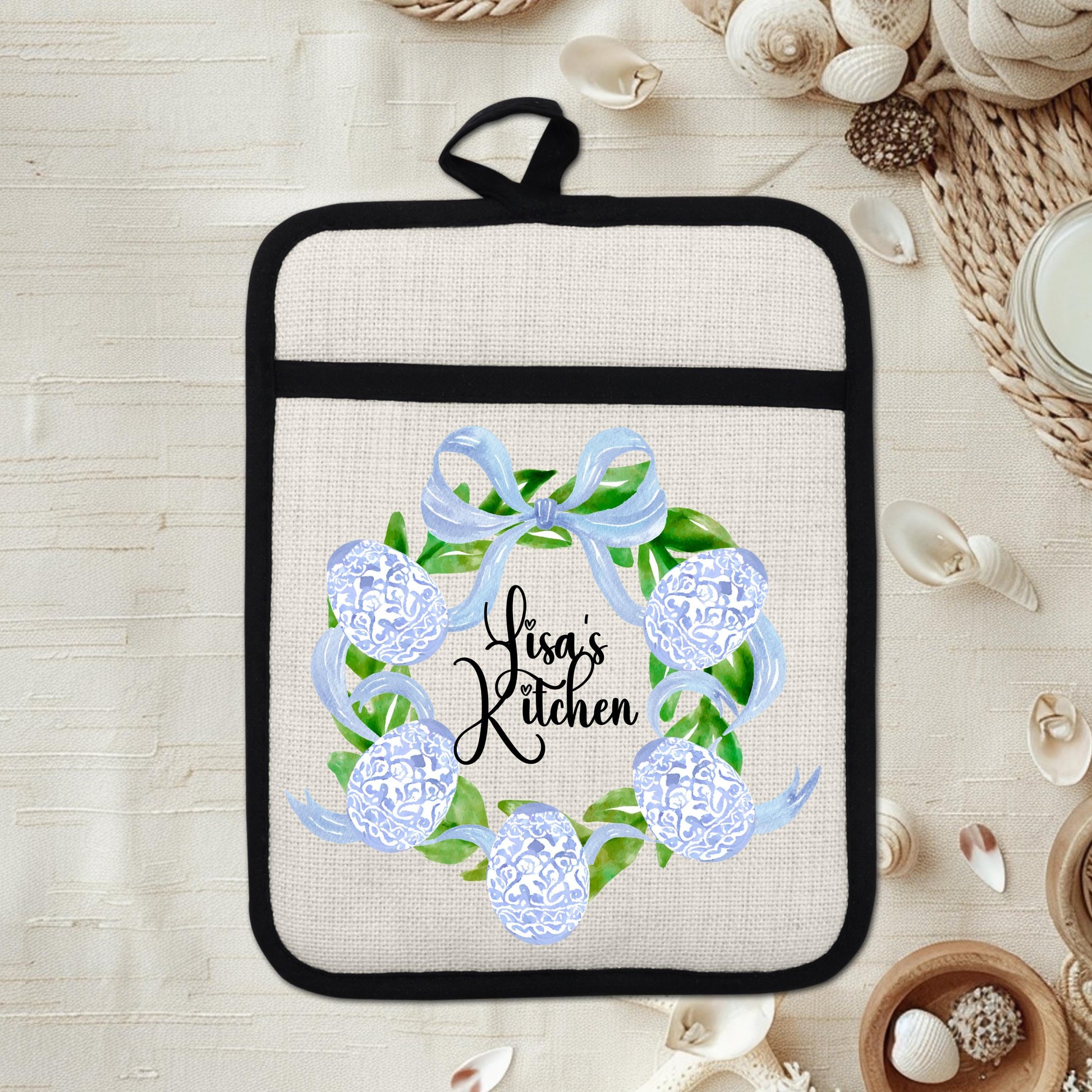 Personalized Easter Wreath | Non-Slip Pot Holder, Blue & White Chinoiserie Style Decor Gift - product dimensions and speci...