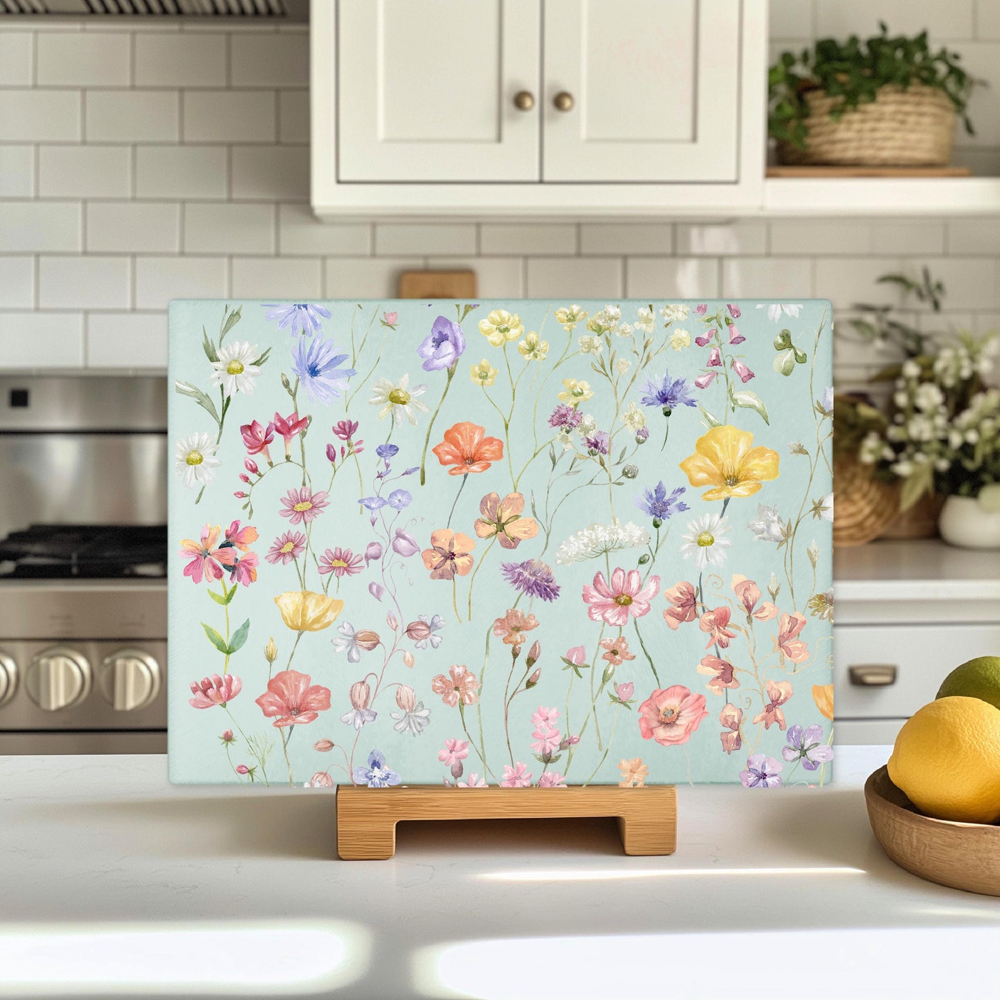 Boho Wildflowers Glass Cutting Board, Unique Kitchen Decor, Hostess Housewarming Gift, Unique Gift for Bride, Charcuterie Board, Textured