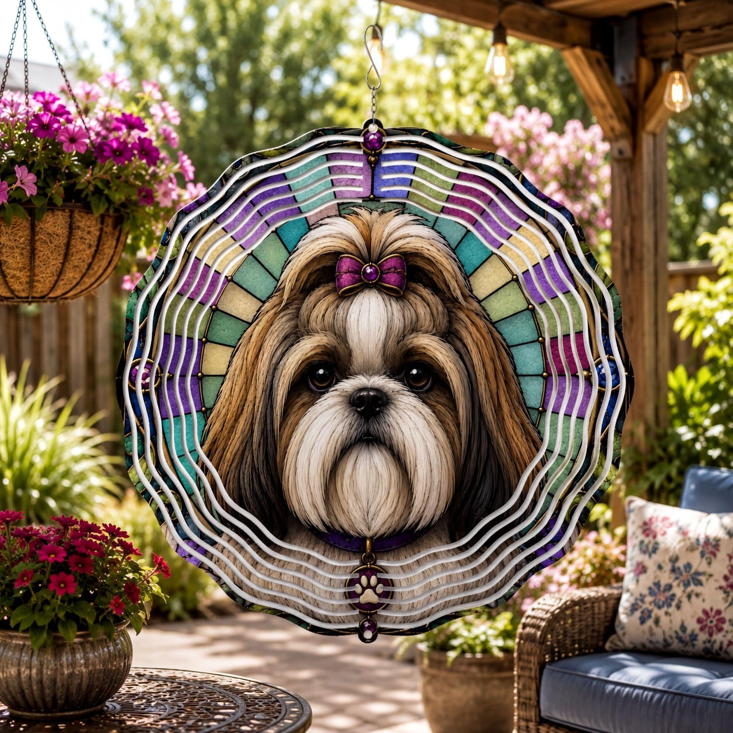 Shih Tzu Wind Spinner Faux Stained Glass Dog Garden Decor Aluminum Hanging Gift