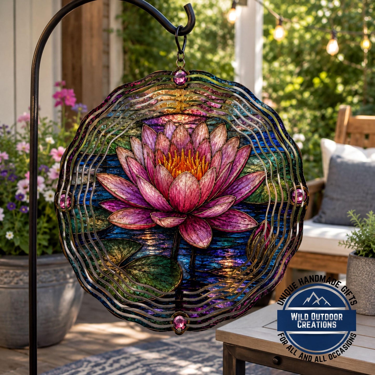 July Birth Flower Water Lily Wind Spinner 10 Inch Faux Stained Glass Metal Garden Decor