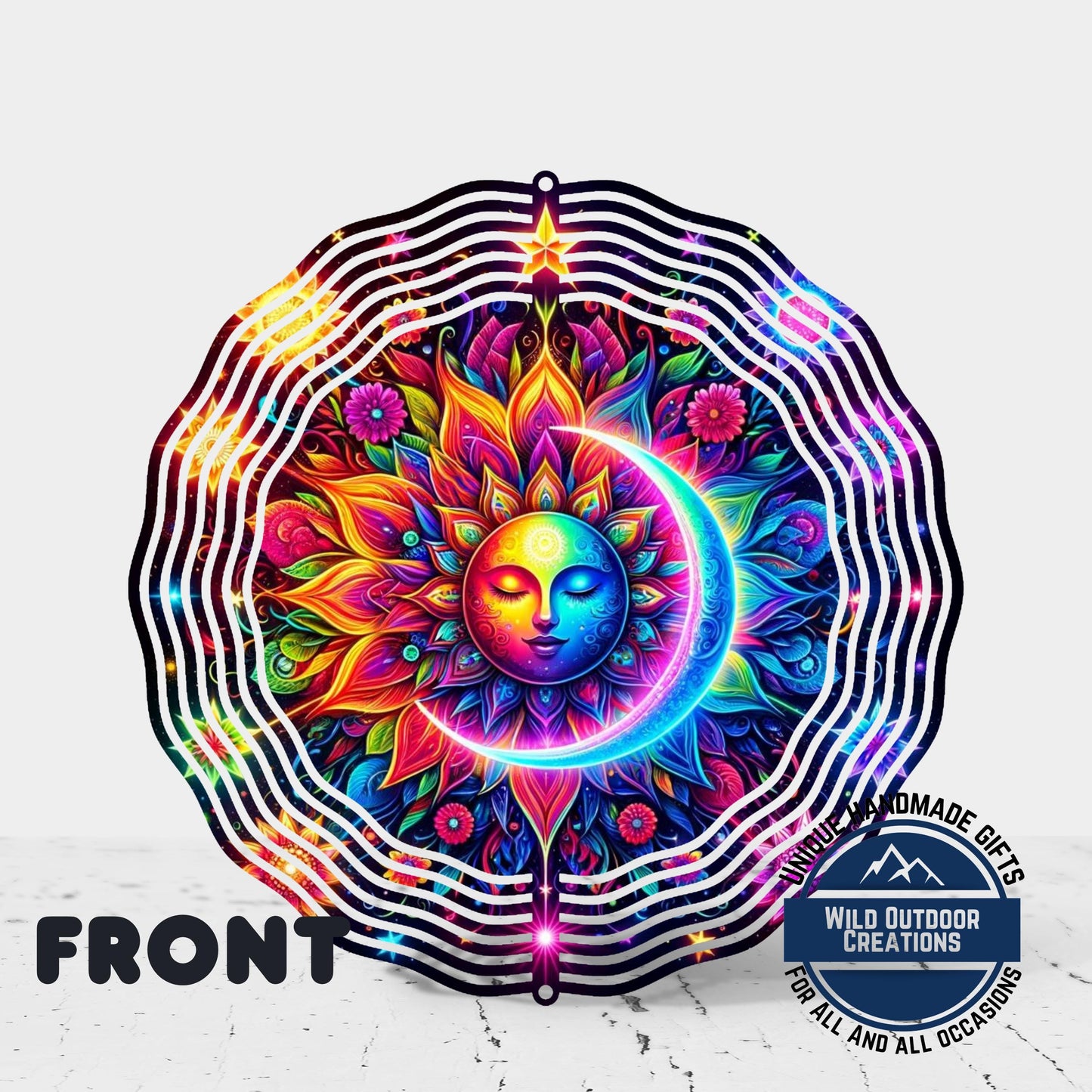 Celestial Wind Spinner - Neon Sun Moon Design | Double Sided Aluminum Spinner