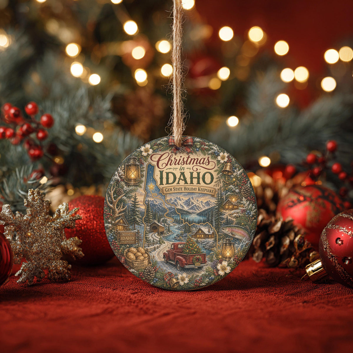 Idaho Ornament, Vintage Truck Ceramic Keepsake, Snowy Cabin Gift