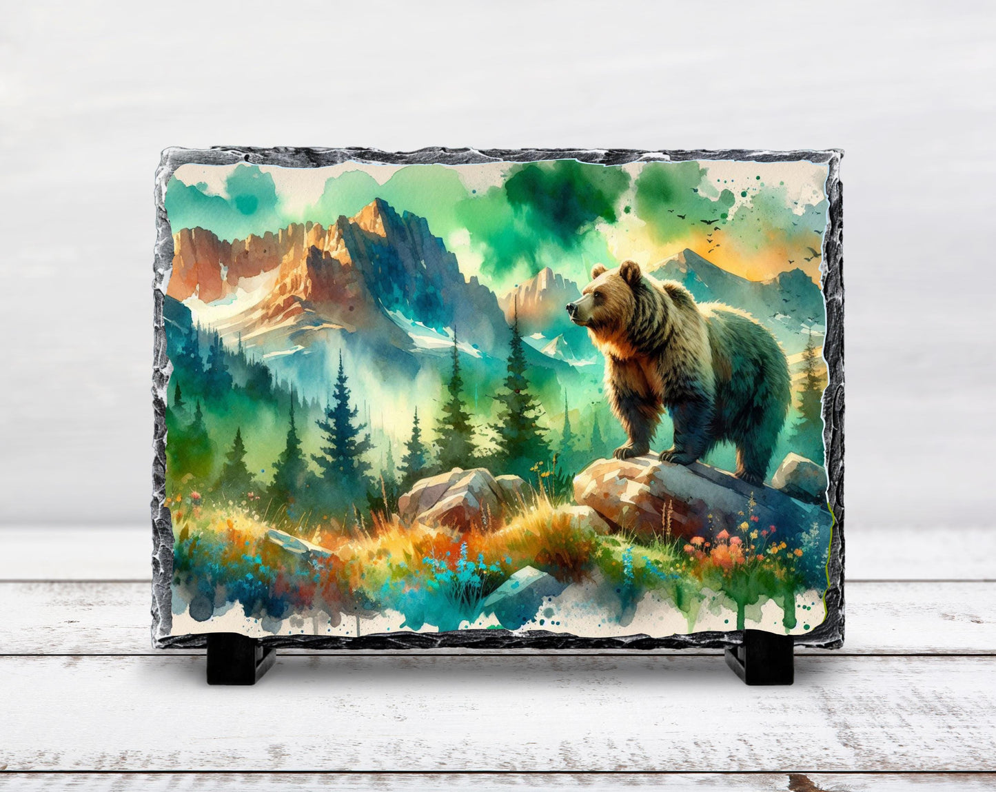 Rustic Bear Slate Plaque - Scenic River  Mountain Forest Decor Gift