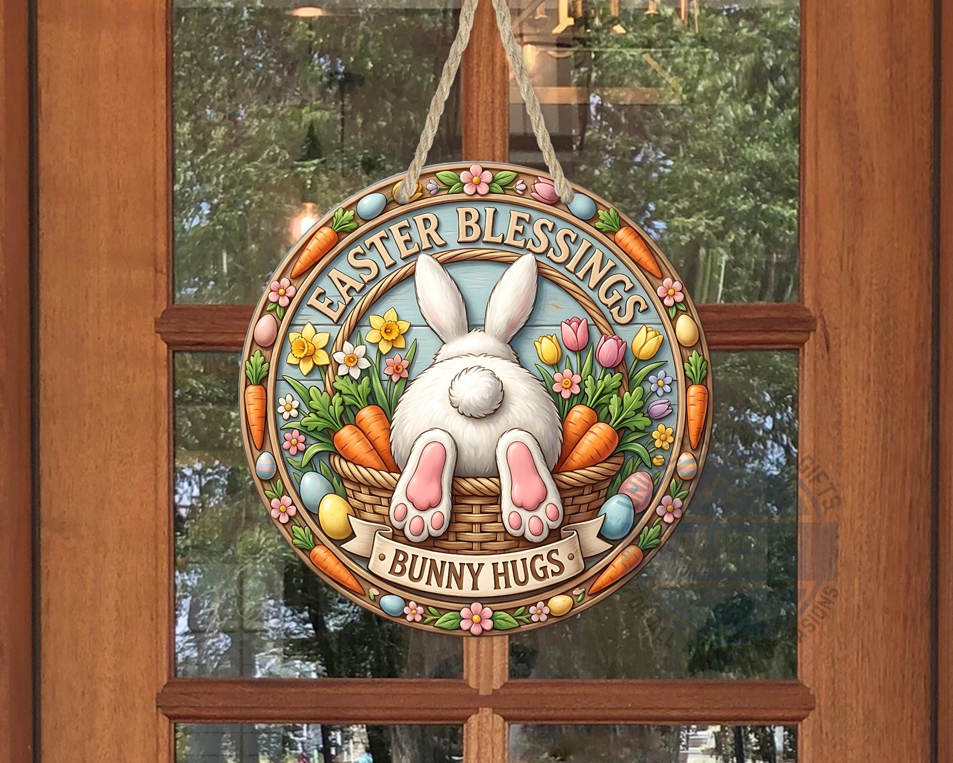 Easter Door Hanger - Round Aluminum Bunny Hugs Sign | Spring Porch Decor - scale and size reference
