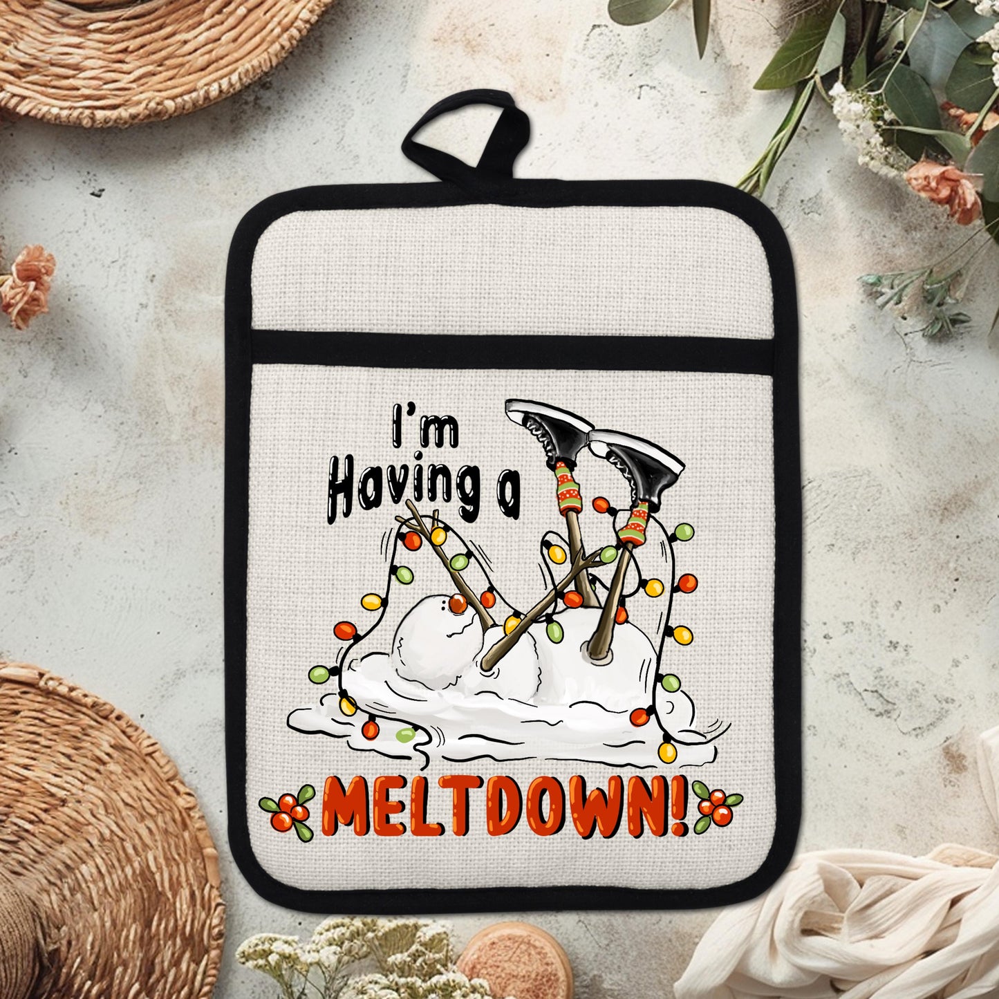 Funny Snowman Pot Holder with Im Having a Meltdown Quote - Holiday Kitchen Decor with Christmas Lights  Holly