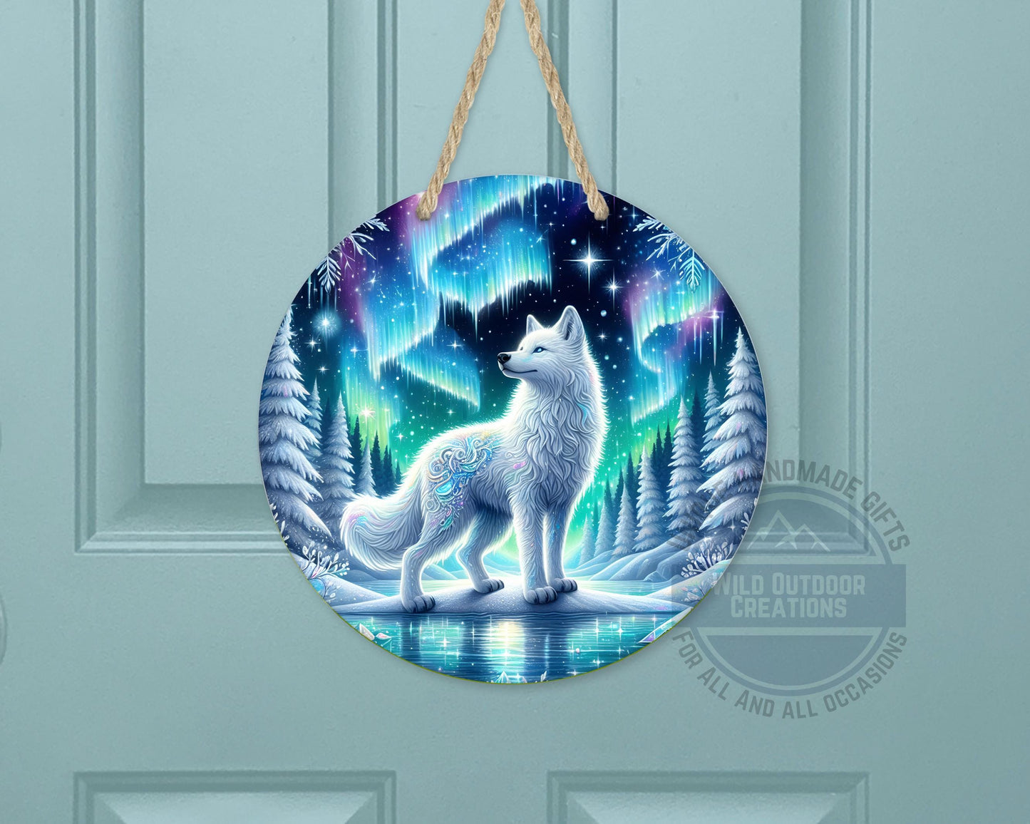 Wolf Door Hanger - Northern Lights Art | Rustic Cabin Sign, Outdoor Decor