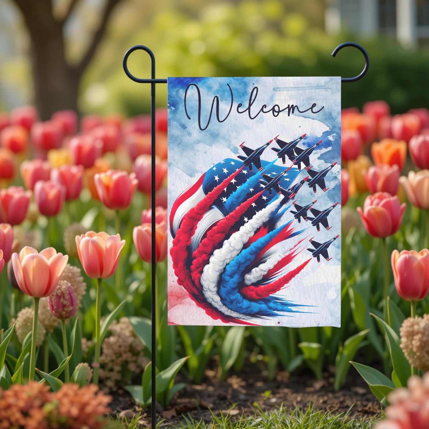 Patriotic Garden Flag - Double Sided 12x18 Red White Blue Fighter Jet Design - size reference