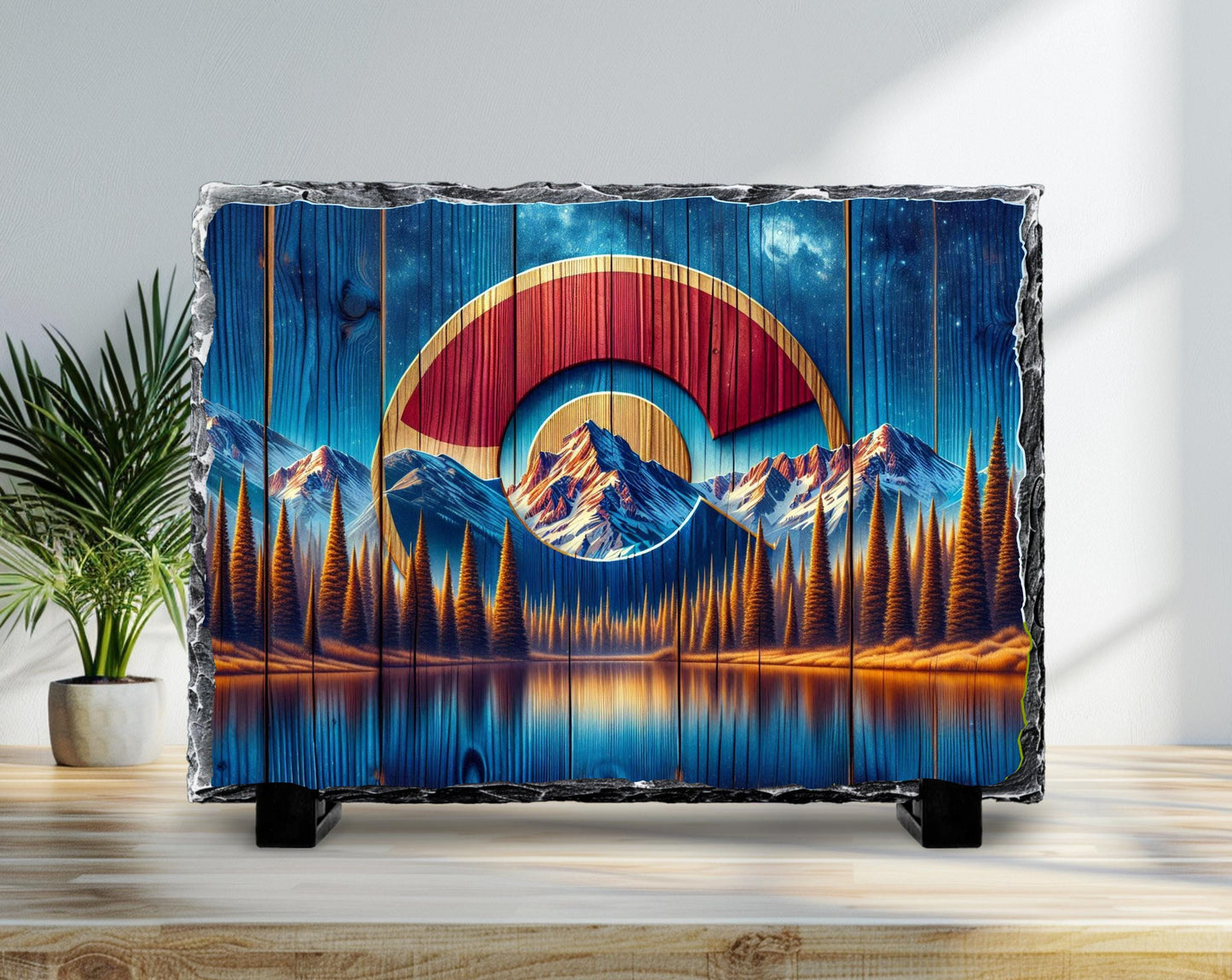 Colorado C Slate Plaque - Rustic Faux Wood Design with Mountains Lake  Milky Way Sky - Perfect Gift for Colorado Lovers