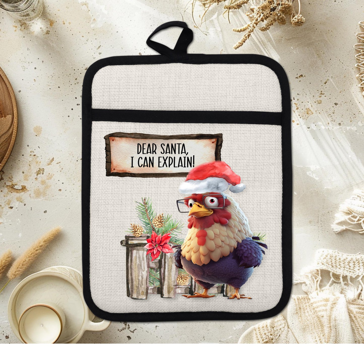 Funny Chicken Christmas Pot Holder with Santa Hat  Fence Scene - Dear Santa I Can Explain Linen Hot Pad Gift