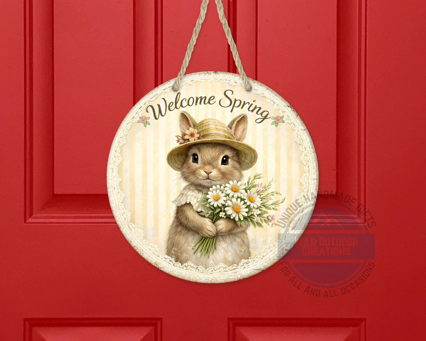 Spring Bunny Door Hanger – Floral Rabbit Wreath with Daisy Bouquet Sign