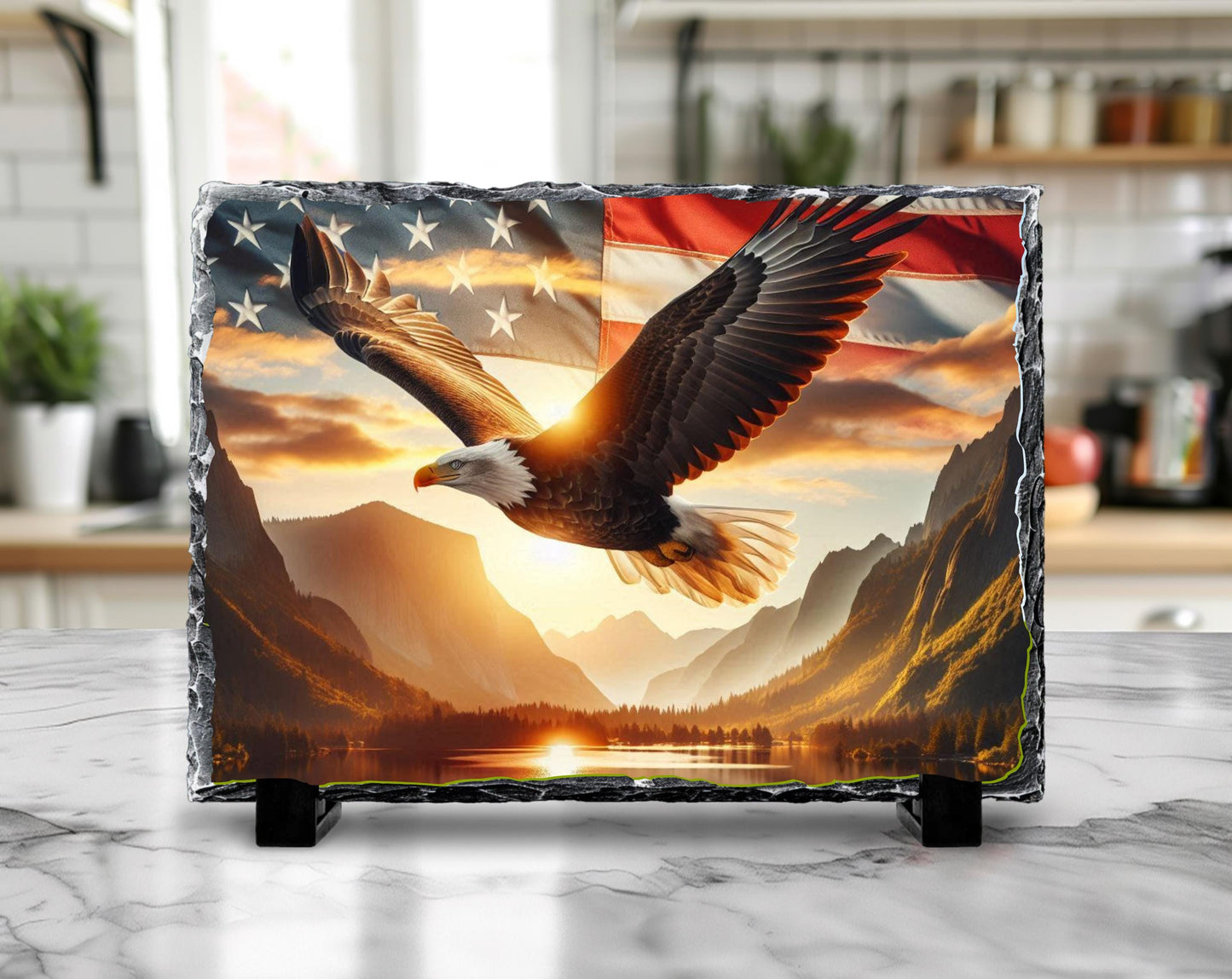 Patriotic Slate Sign - Bald Eagle Decor with American Flag Art, Rustic Slate Sign