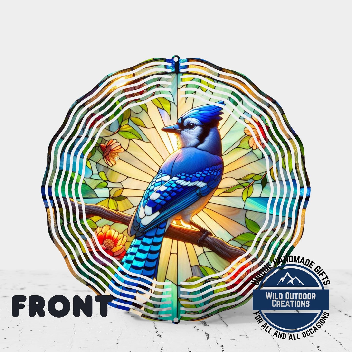 Blue Jay Wind Spinner – 10 Inch Aluminum Garden Spinner with Faux Stained Glass Decor