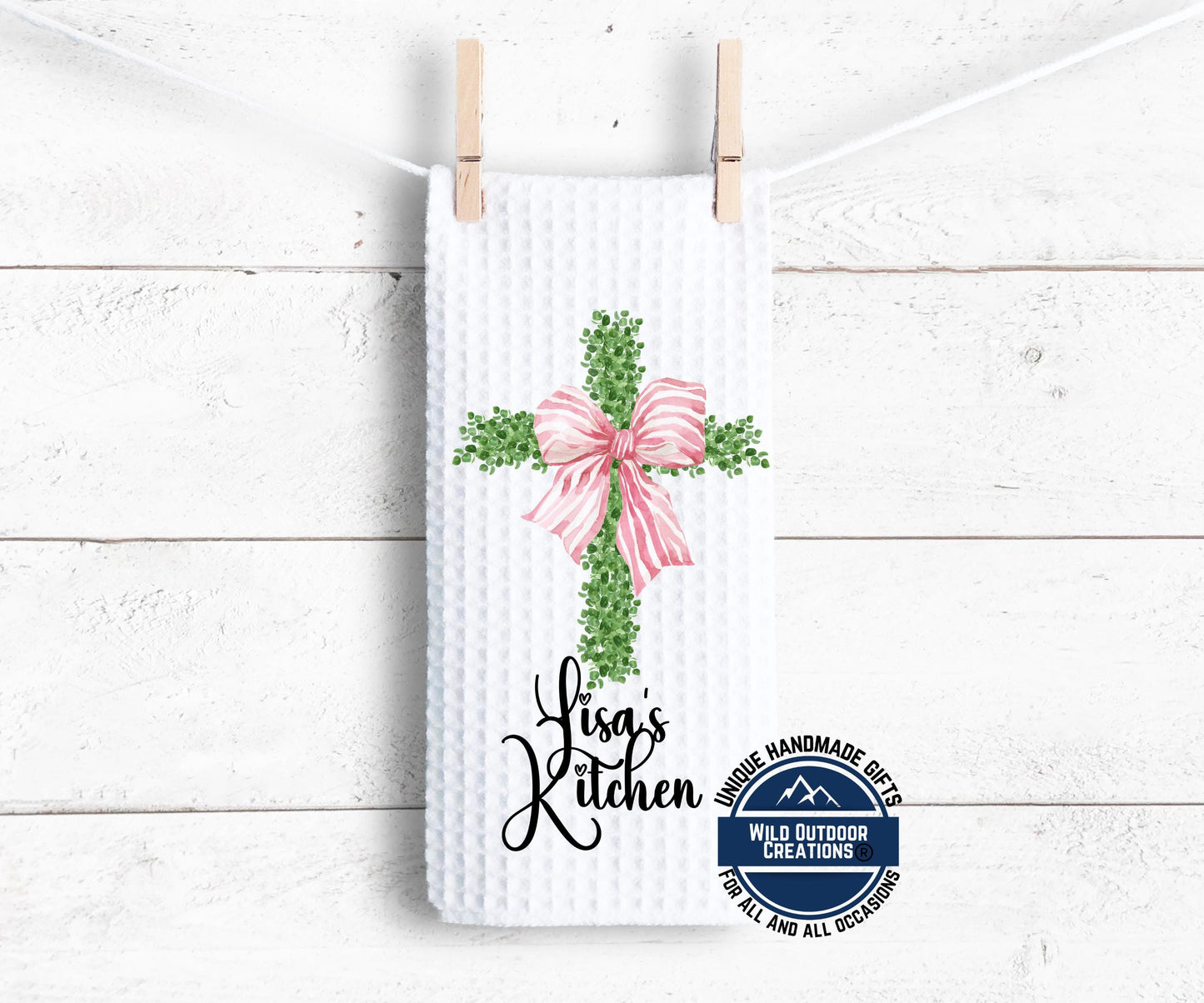 Personalized Kitchen Towel - Custom Name Cross Design with Pink Bow | Easter Gift - product dimensions and specifications