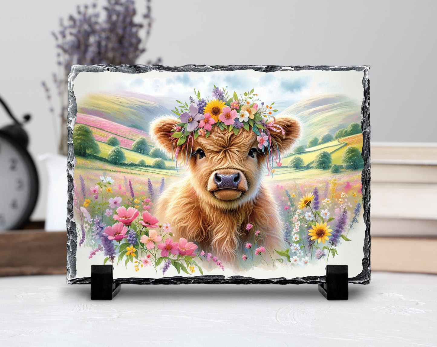 Highland Cow Slate Sign – Rustic Slate Plaque with Baby Calf Floral Headband