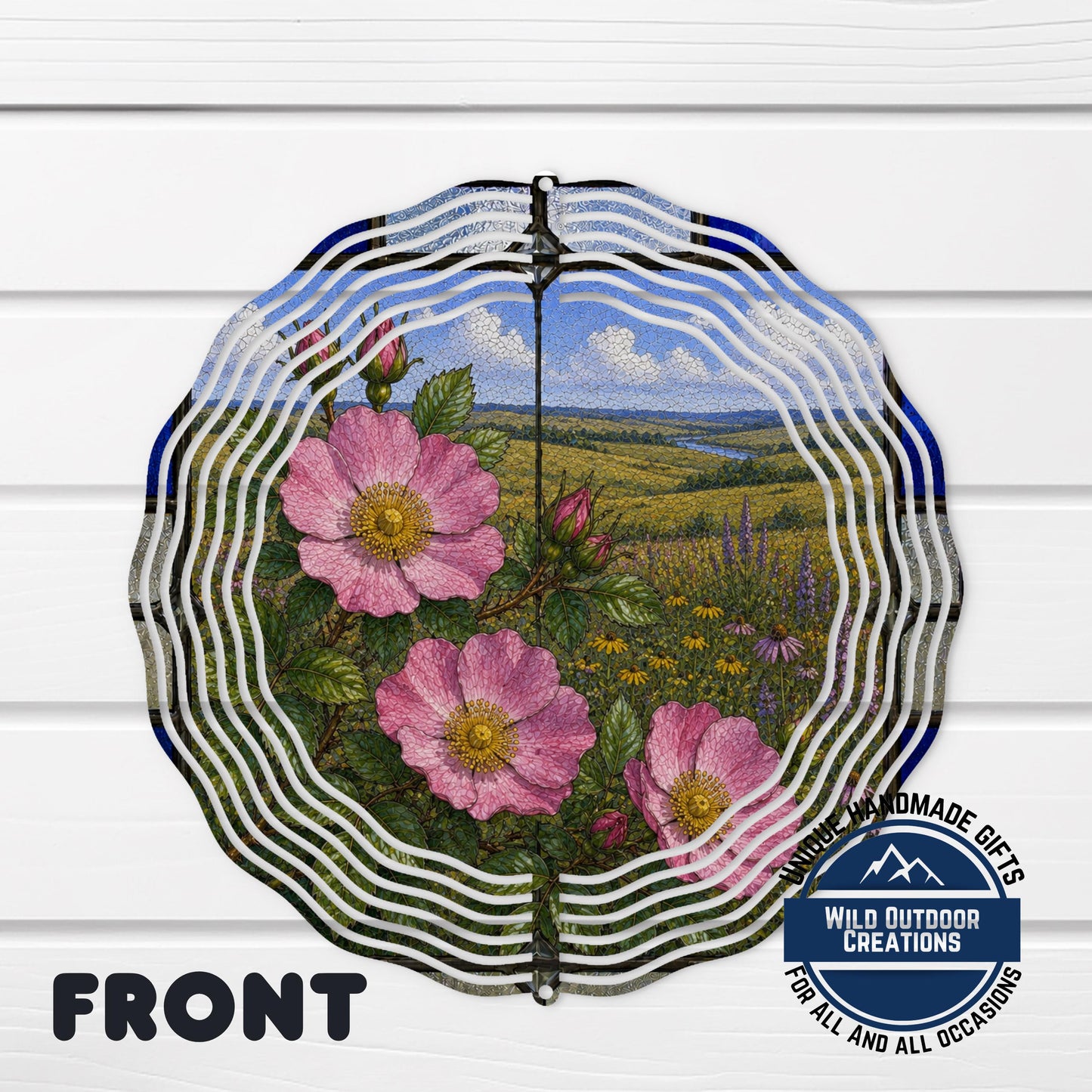 Wild Prairie Rose Wind Spinner Iowa State Flower Stained Glass Garden Aluminum Decor