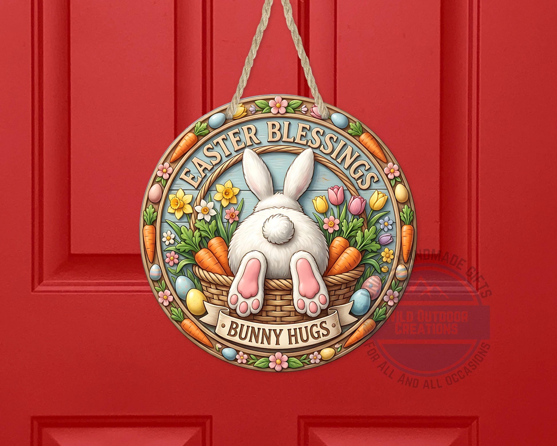 Easter Door Hanger - Round Aluminum Bunny Hugs Sign | Spring Porch Decor - additional angle